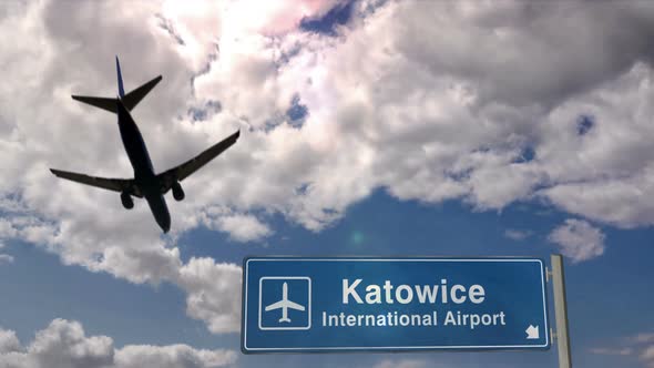 Airplane landing at Katowice Poland airport