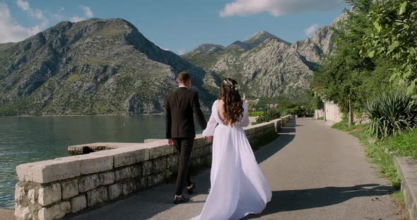 Back view of bride in beautiful white dress and groom on mountain background