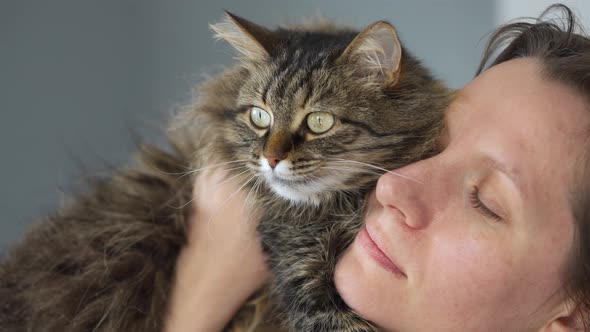 Woman Kisses and Rubs Her Face Against a Very Fluffy Tabby Cat to Express Her Love and Affection