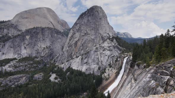 wide angle view of nevada falls, half dome and liberty cap in yosemite