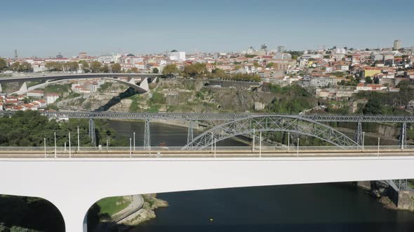 Aerial Footage of Multiple Bridges Connecting River Shores of the Old City