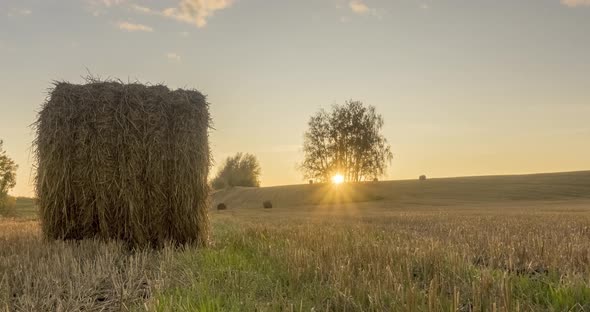 Flat Hill Meadow Timelapse at the Summer Sunset Time. Wild Nature and Rural Haystacks on Grass Field