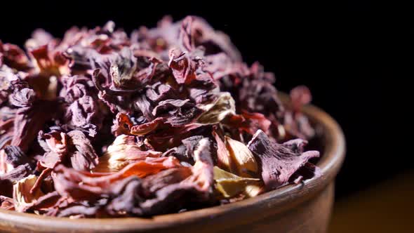 Large Leaves of Hibiscus Red Dry Tea Background Close Up