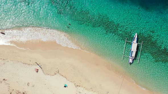 Aerial flying over landscape of tropical bay beach adventure by clear sea and bright sand background