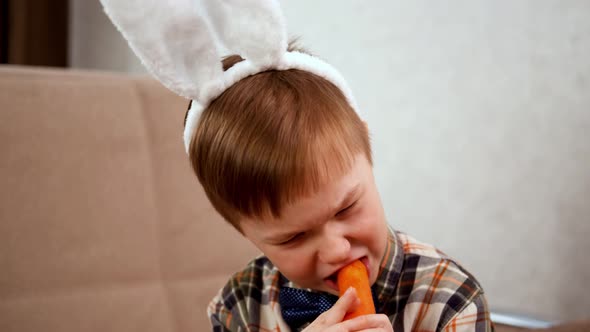 A Boy in White Bunny Ears Eats Carrots and Portrays a Rabbit