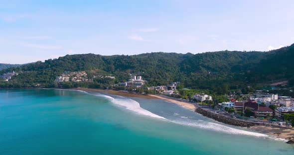 Aerial panoramic view landscape and cityscape view of Patong beach Phuket Thailand.