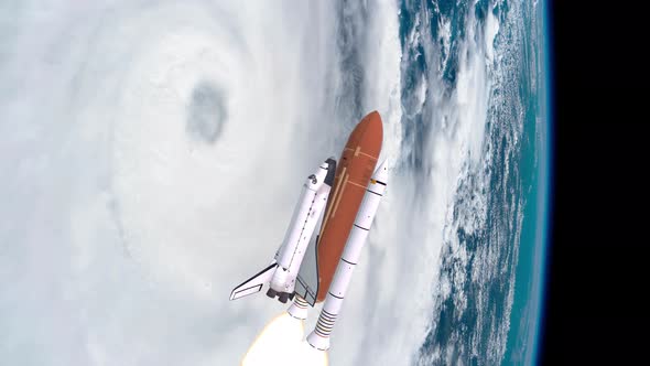 Space Shuttle Launching Over Earths Atmosphere and Hurricane
