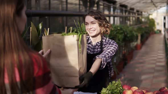 Portrait of European Saleswoman Wearing Apron Is Giving Organic Food in Brown Paper Bag To Female