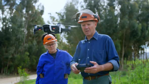 Lumberjacks operating drone in forest 4k