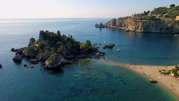 Taormina Sicily Isola Bella Beach From the Sky Aerial View Voer the Island and the Beach By Taormina