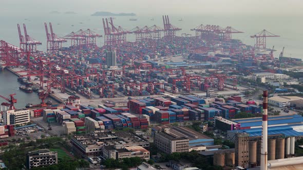 Shenzhen China Container Port Terminal and Logistics Center Timelapse Pan Up