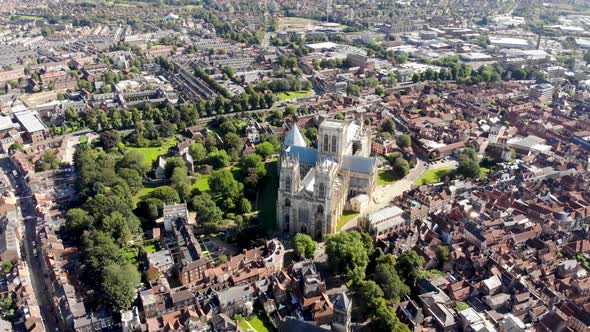 Aerial footage of the town of York located in North East England in the UK