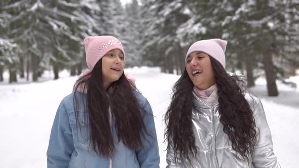 Two Girlfriends in Winter Clothes and Wearing a Hat Are Walking in the Woods in the Winter