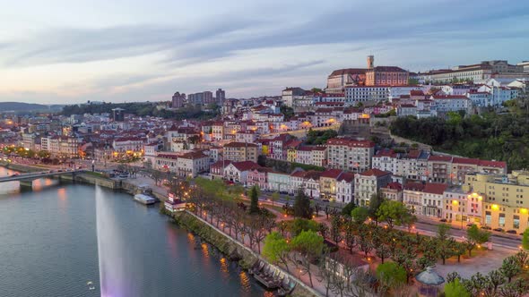 Hyperlapse at sunset of Coimbra city in Portugal with river mondego and fountain