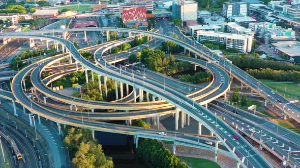 Aerial view of a highway interchange, Brisbane City, Queensland, Australia.