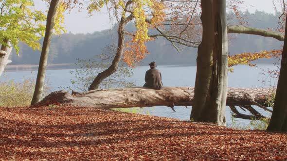 A Mid Aged Man Looks over a Autumnal Lake.