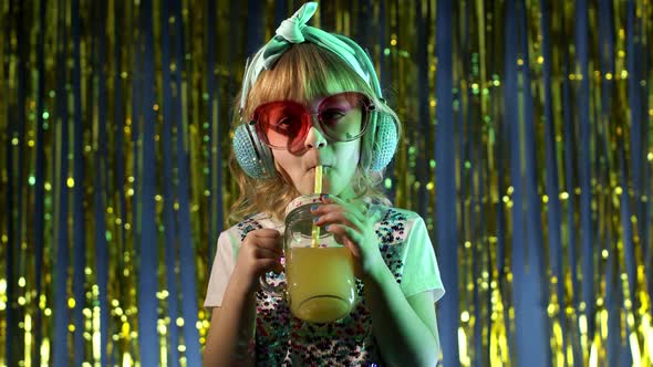 Stylish Trendy Child Kid Girl at Disco Party Cyberpunk Club with Pineapple Fruit Drinking Juice