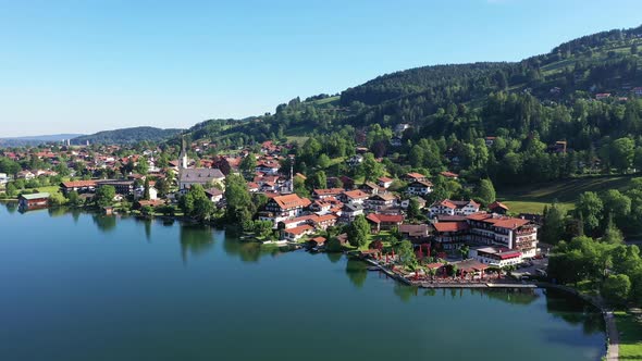 Aerial view of the town Schliersee and lake Schliersee, Bavaria