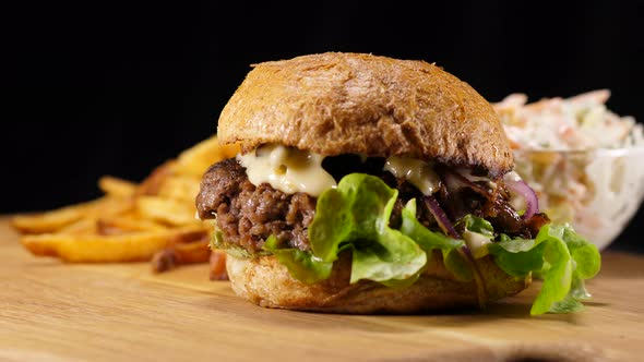 Typical American Fast Food  Hamburger with Fries and Coleslaw