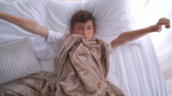 Morning Awakening Child Boy in Bed Smiling Little Caucasian Child It