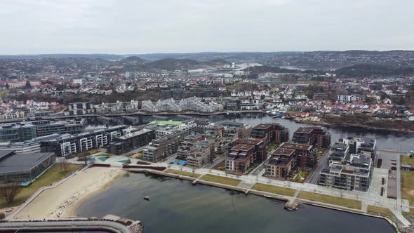 Beautiful aerial city view of Kristiansand beach and river Otra