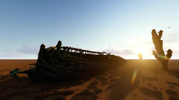 Desert Drifting Old Ship and Sunset