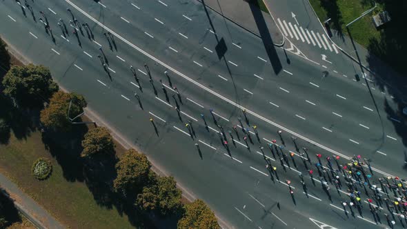 Aerial Drone Fooage. Marathon Running On Road. 