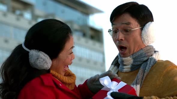 Couple in warm clothing holding gift