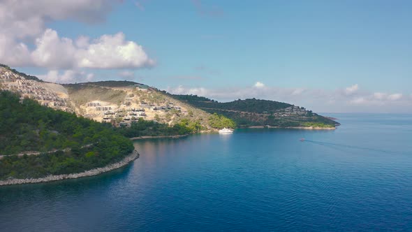 Aerial Seaview the Marina Blue Lagoon and Luxury White Yacht in Torba Bodrum Turkey