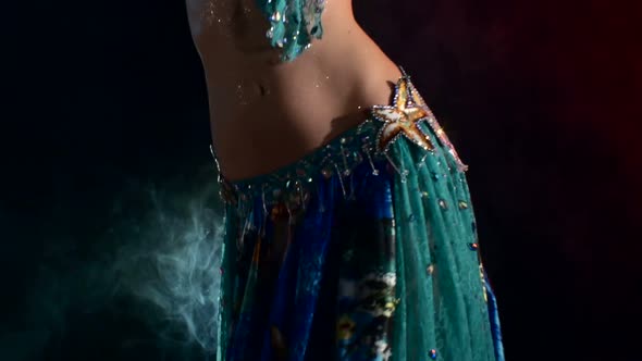 Beautiful Sexy Woman Belly Dancer in Blue Dress on Black, Back Light