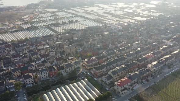 Countryside and vegetable greenhouses in the sunset