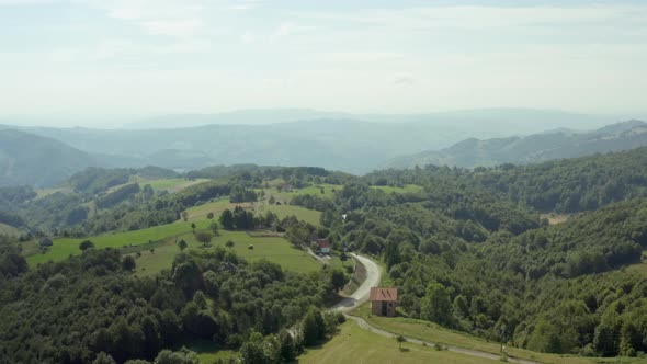 Aerial View Balkans Landscape with Green Fields and Fields