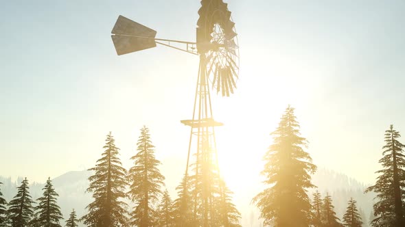 Typical Old Windmill Turbine in Forest at Sunset