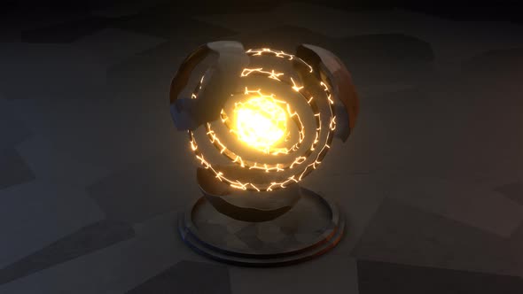 4K loop 3D animation. Sci-fi object with glowing energy at center. Rotation metal sphere