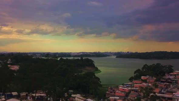 Beautiful aerial sunset view rising over the Sao Paulo favelas