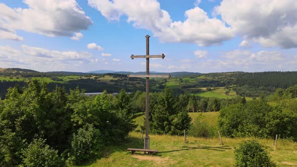 A view of a wooden cross in the locality of Kremnicke Bane in Slovakia