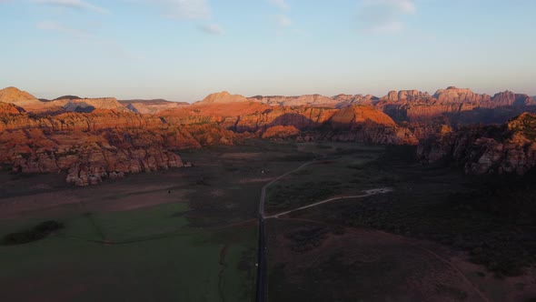 Aerial panoramic view over Zion national park valley, Utah, at dusk