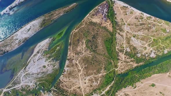 Dramatic aerial view of Drin river in Albania