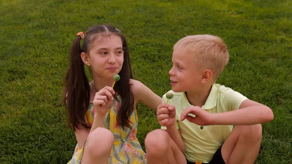 Little Children are Sitting on the Grass with Lollipops Singing and Having Fun