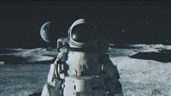 An Astronaut Stands on the Surface of the Moon Among Craters Against the Backdrop of the Planet