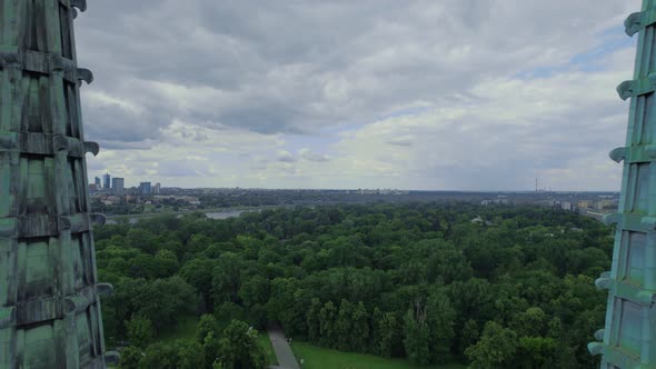 Drone Warsaw City View Through the Towers of the Church