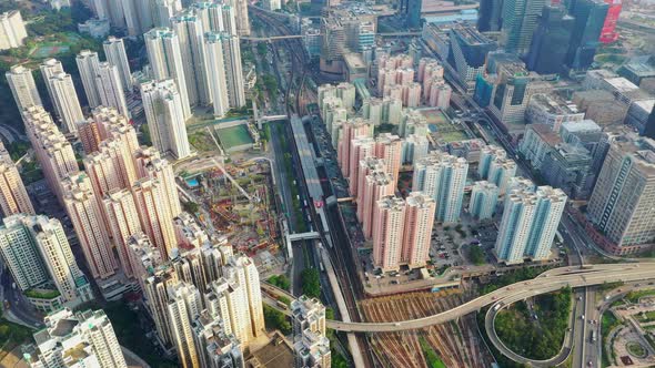 Drone fly over Hong Kong city