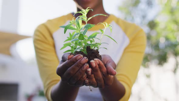 Mid section of african american woman holding plant