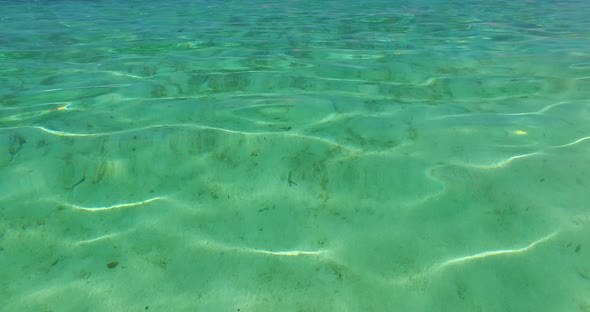 Wide angle above tourism shot of a paradise sunny white sand beach and turquoise sea background in v