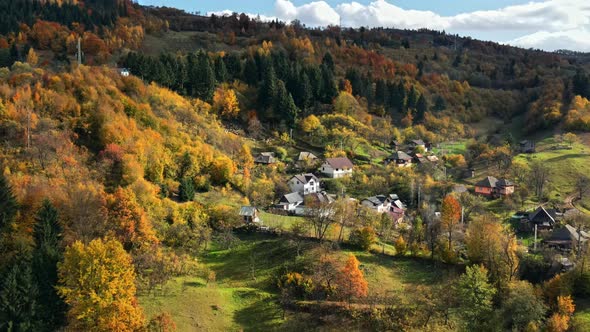 Aerial drone view of Viseu de Sus, Romania. Residential buildings on a hil