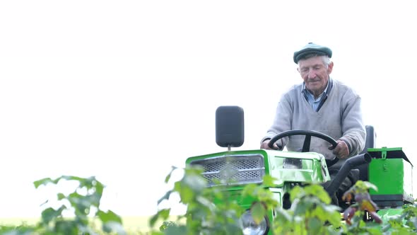 An Old Man is Driving Tractor in Village