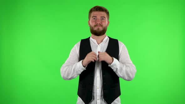 Man Pointing Up Fingers, Then Gesture Like, with Copy Space. Green Screen