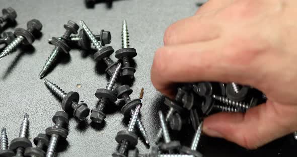 Man hands take in handful Roofing self-tapping screws