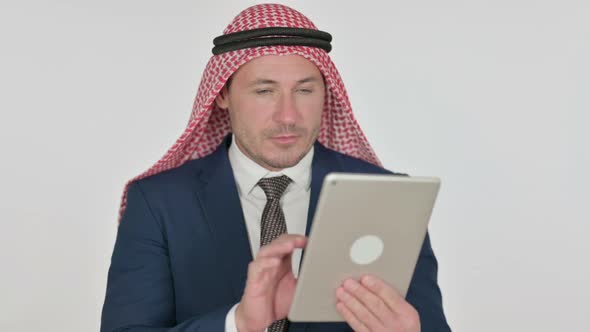 Arab Businessman using Tablet, White Background