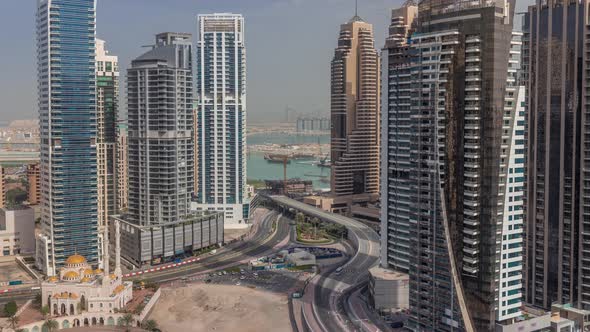 View of Various Skyscrapers and Towers in Dubai Marina From Above Aerial Timelapse